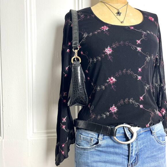 Hourglass Whimsygoth grunge black long sleeve top flared sheer sleeves floral - Picture 4 of 8